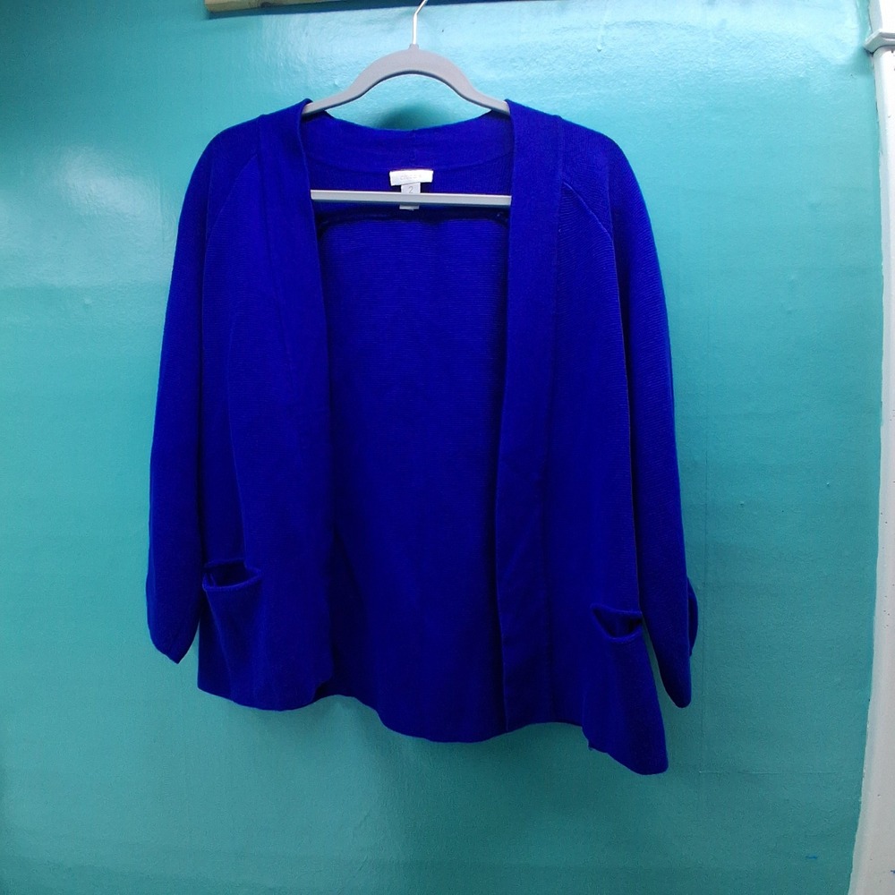 Chico's Open Front Cardigan 2 Royal Blue 100% Cotton Textured Knit Pockets Z729